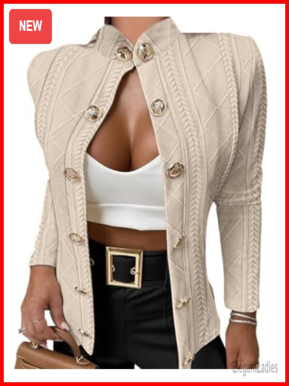 Womens Argyle Cable Knit Cropped Jacket Button Up Coat